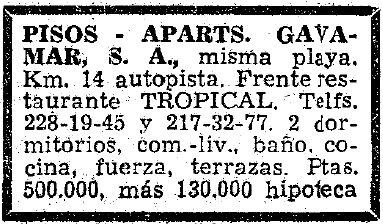 Anuncio de los apartamentos GAVAMAR de Gav� Mar publicado en el diario LA VANGUARDIA (23 de Marzo de 1965)
